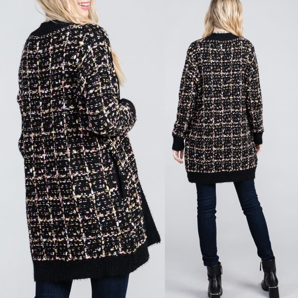 Black Confetti Tweed Knit Open Front Long Cardigan - Picture 4 of 12